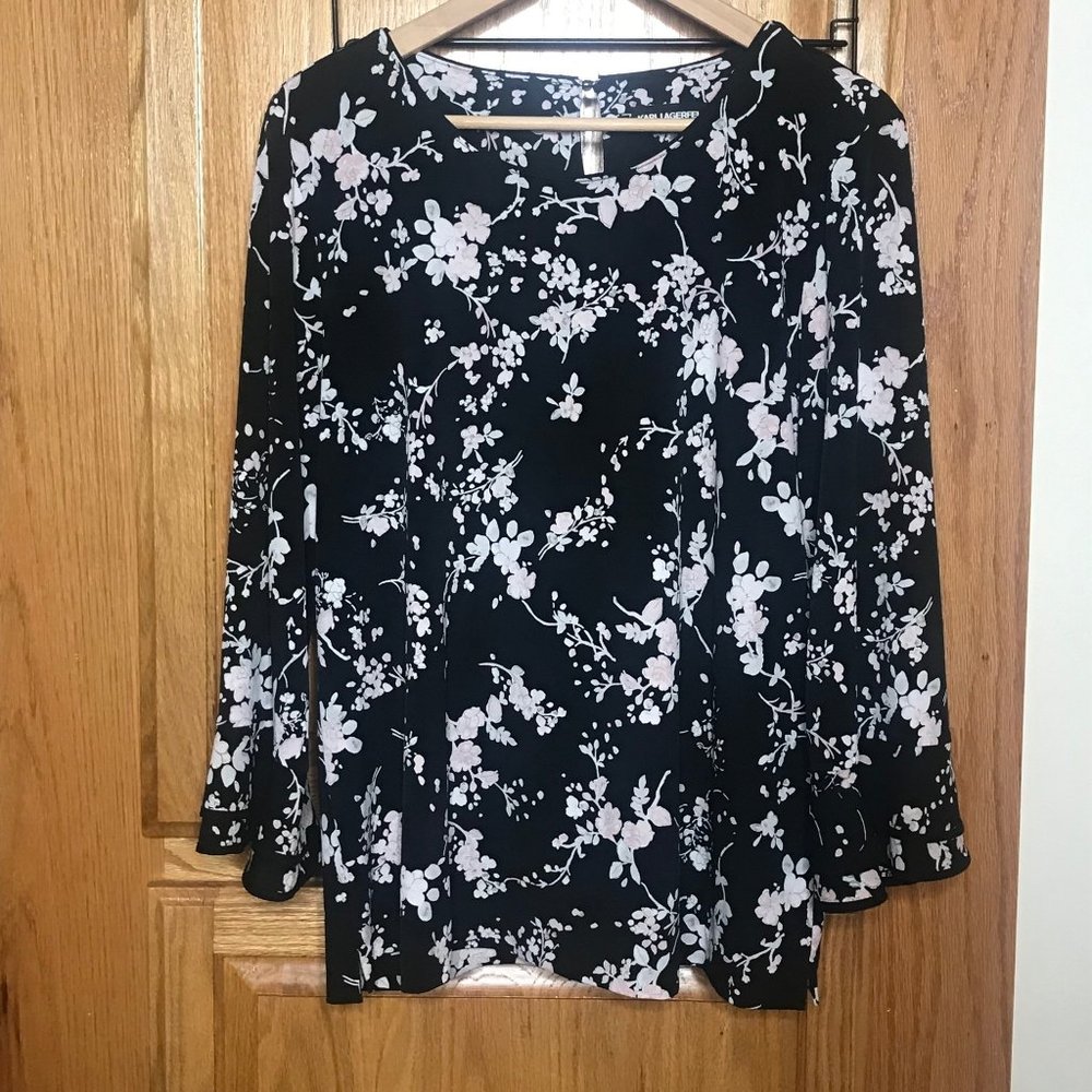 Karl Lagerfeld Paris Blouse Women’s Large Pullover Floral Pink White Black